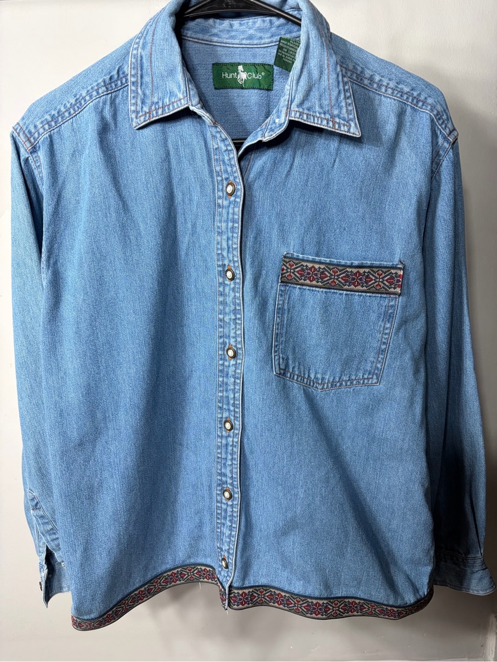 Vintage Hunt Club 90s Western Aztec Geometric Denim Shirt Blue Cotton Women’s M